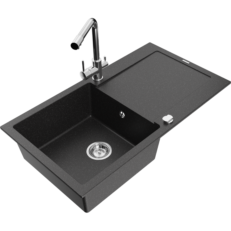 Mexen Leo granitový dřez 1-komorový s odkapávačem a kuchyňskou baterií Duero, černý/stříbrný metalik - 6501-73-671600-00