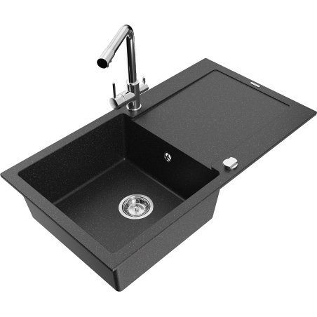 Mexen Leo granitový dřez 1-komorový s odkapávačem a kuchyňskou baterií Duero, černý/stříbrný metalik - 6501-73-671600-00