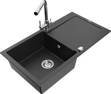 Mexen Leo granitový dřez 1-komorový s odkapávačem a kuchyňskou baterií Duero, černý/stříbrný metalik - 6501-73-671600-00