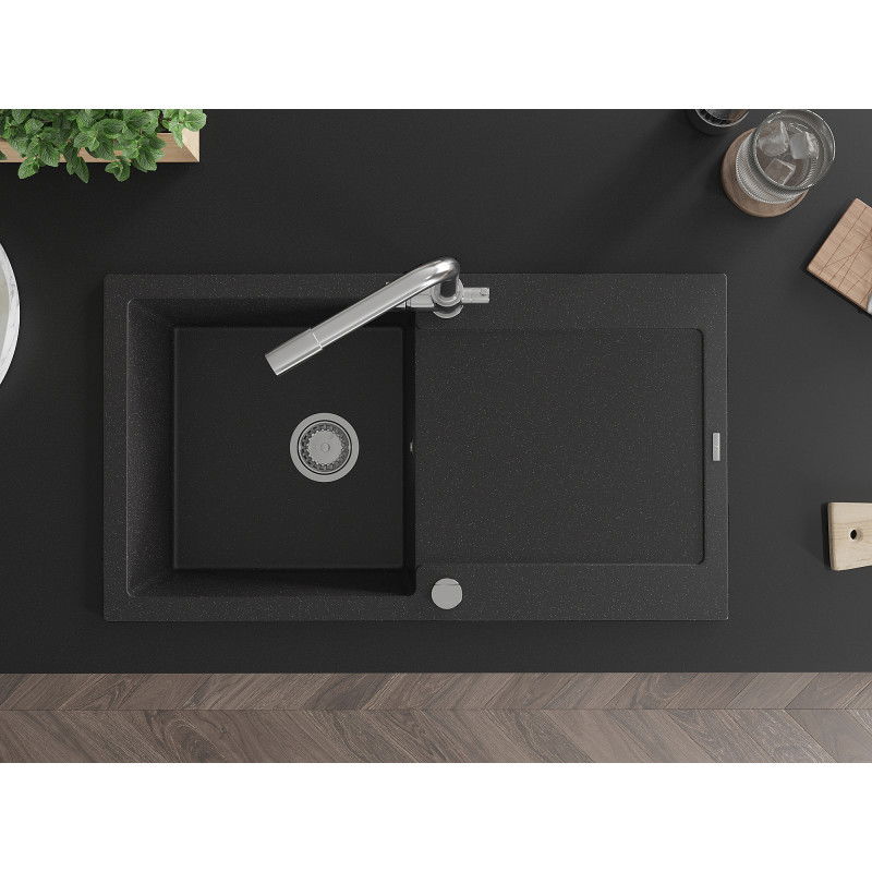 Mexen Leo granitový dřez 1-komorový s odkapávačem a kuchyňskou baterií Duero, černý/stříbrný metalik - 6501-73-671600-00