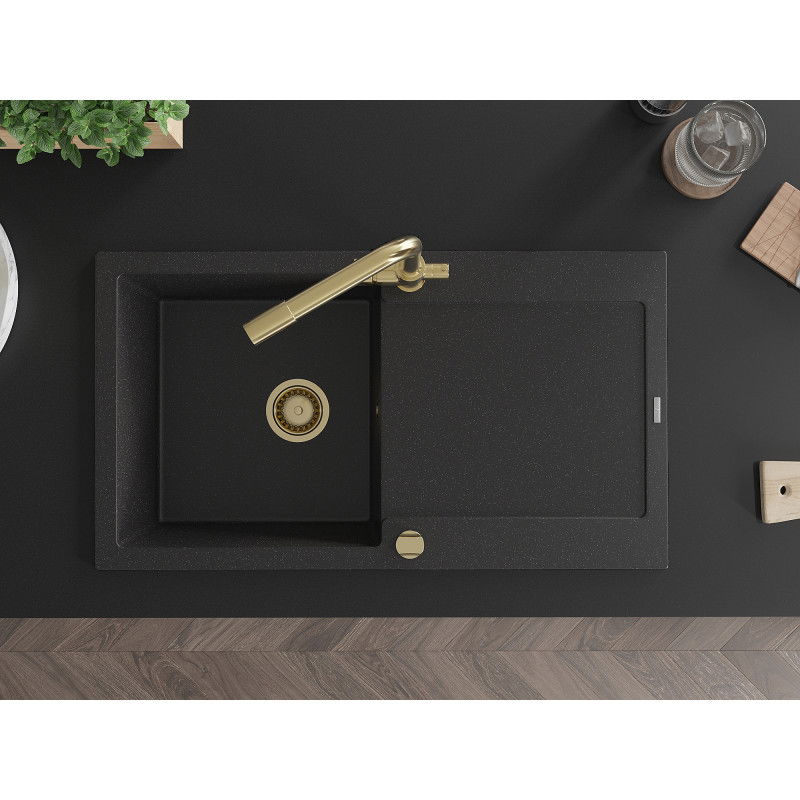 Mexen Leo granitový dřez 1-komorový s odkapávačem a kuchyňskou baterií Duero, černý/stříbrný metalik - 6501-73-671600-50