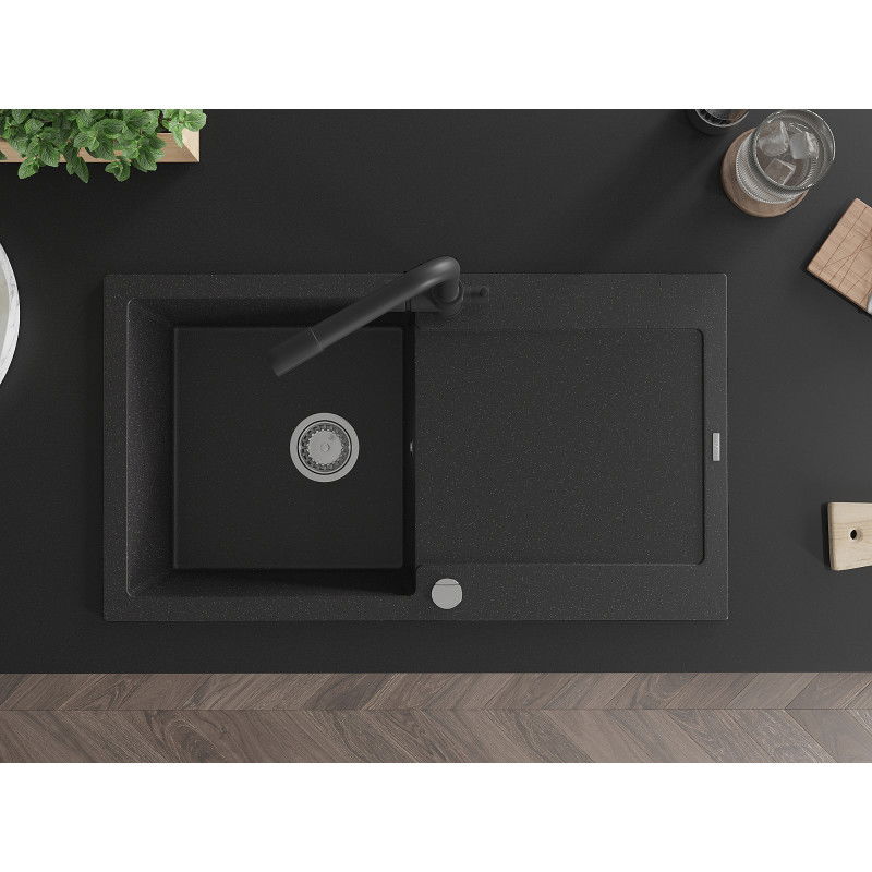 Mexen Leo granitový dřez 1-komorový s odkapávačem a kuchyňskou baterií Duero, černý/stříbrný metalík - 6501-73-671600-70