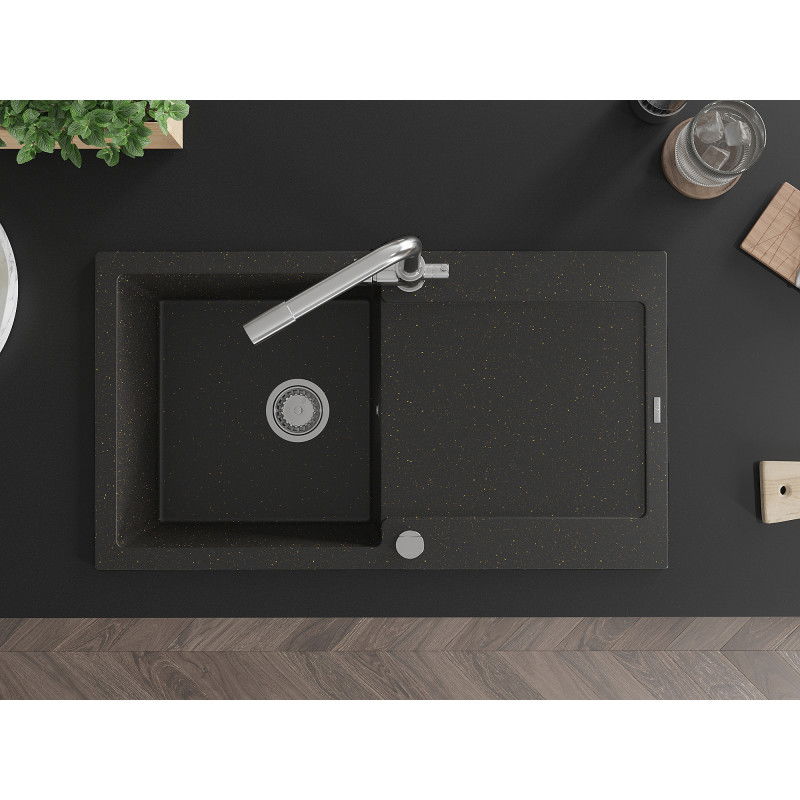 Mexen Leo granitový jednodřez s odkapávačem a kuchyňskou baterií Duero, černý/zlatý metalík - 6501-75-671600-00