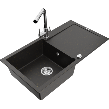 Mexen Leo granitový jednodřez s odkapávačem a kuchyňskou baterií Duero, černý/zlatý metalík - 6501-75-671600-00