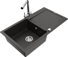 Mexen Leo granitový jednodřez s odkapávačem a kuchyňskou baterií Duero, černý/zlatý metalík - 6501-75-671600-00