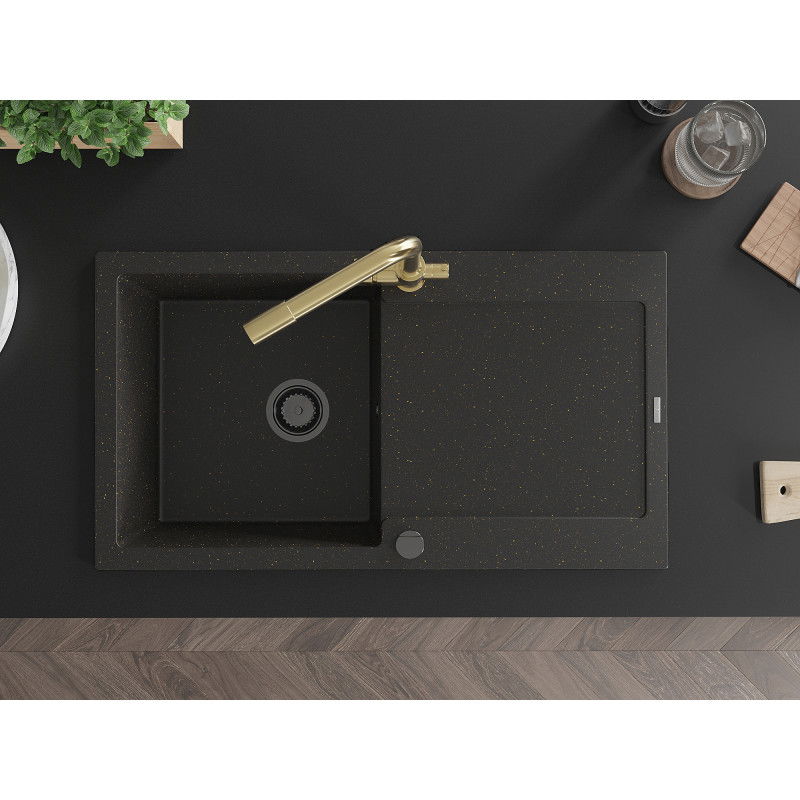 Mexen Leo jednokomorový žulový dřez s odkapávačem a kuchyňskou baterií Duero, černo/zlatý metalik - 6501-75-671600-50-B