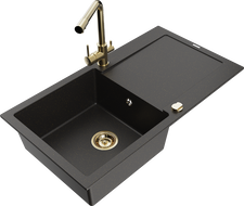 Mexen Leo granitový dřez s odkapávačem a kuchyňskou baterií Duero, černý/zlatý metalíza - 6501-75-671600-50-B