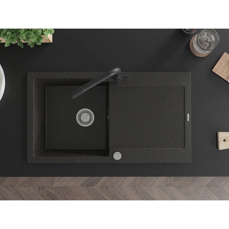 Mexen Leo granitový dřez 1-komorový s odkapávačem a kuchyňskou baterií Duero, černý/zlatý metalik - 6501-75-671600-70