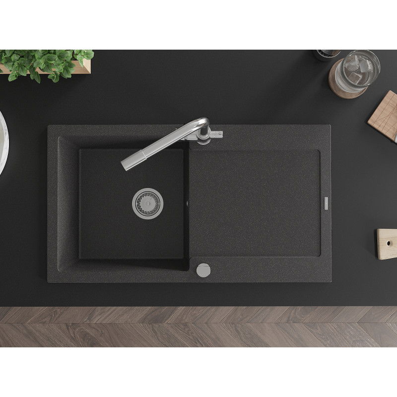 Mexen Leo granitový dřez 1-komorový s odkapávačem a kuchyňskou baterií Duero, černý kropenatý - 6501-76-671600-00