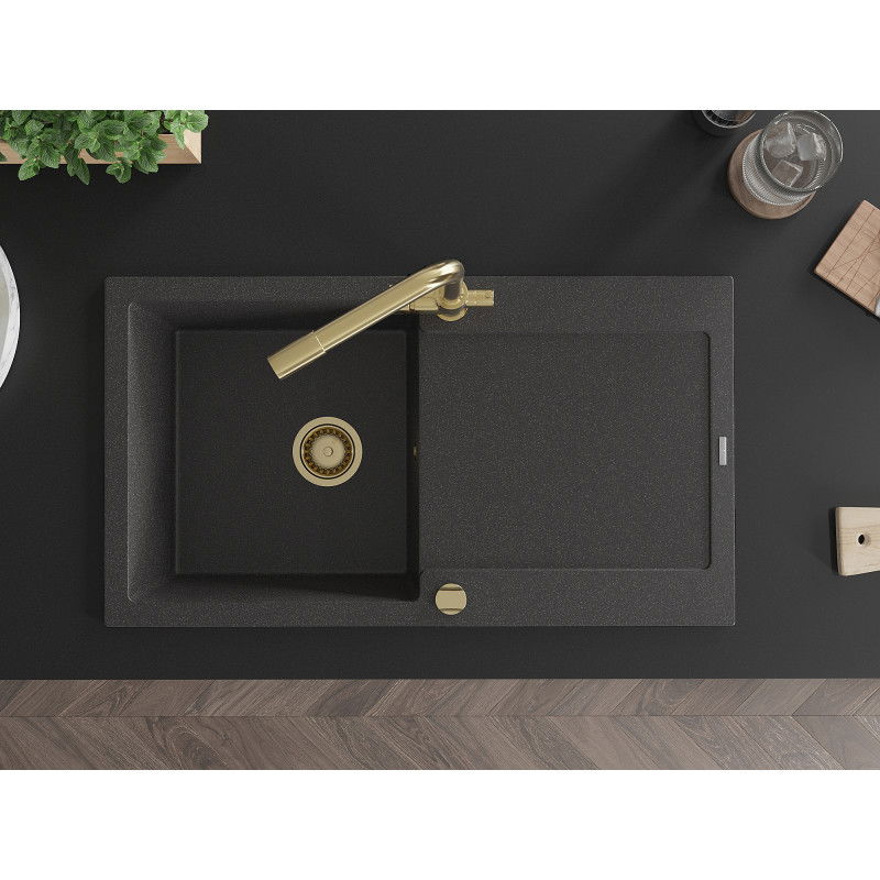 Mexen Leo granitový dřez 1-komorový s odkapávačem a kuchyňskou baterií Duero, černý skvrnitý - 6501-76-671600-50