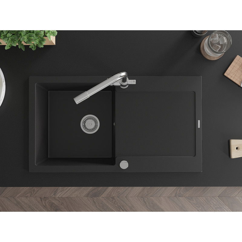 Mexen Leo granitový dřez 1-komorový s odkapávačem a kuchyňskou baterií Duero, černý - 6501-77-671600-00