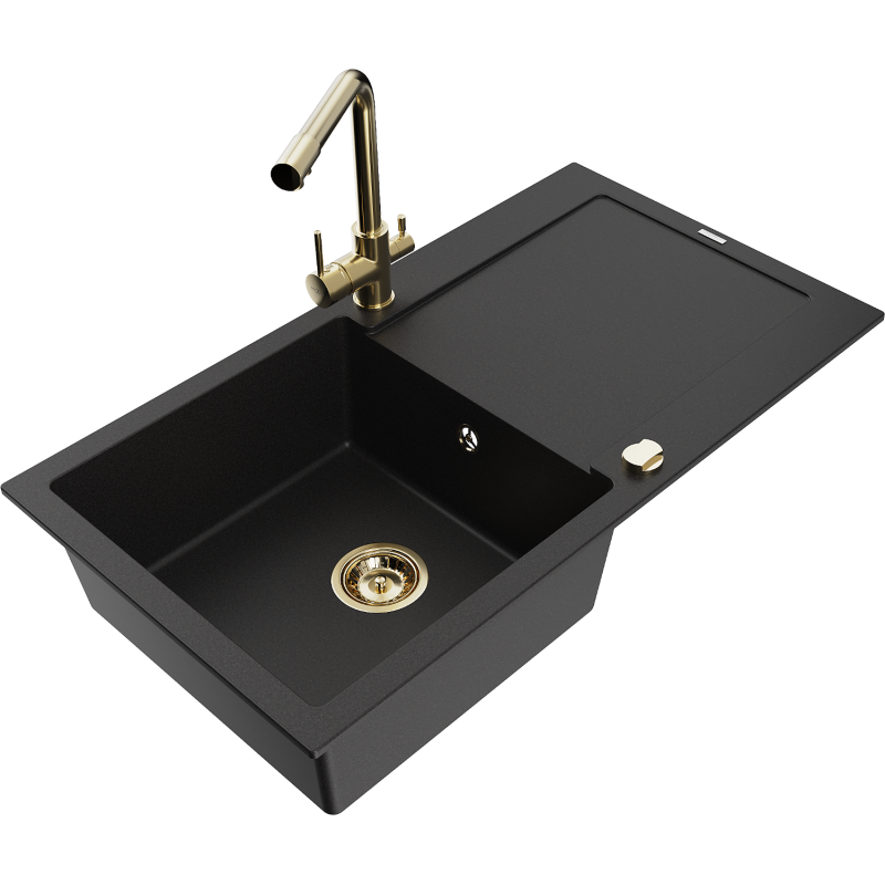 Mexen Leo granitový dřez 1-komorový s odkapávačem a kuchyňskou baterií Duero, černý - 6501-77-671600-50