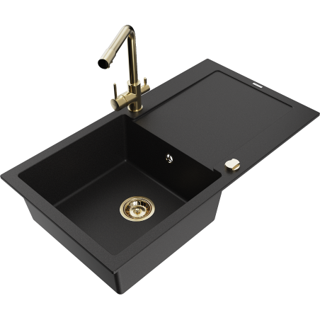 Mexen Leo granitový dřez 1-komorový s odkapávačem a kuchyňskou baterií Duero, černý - 6501-77-671600-50