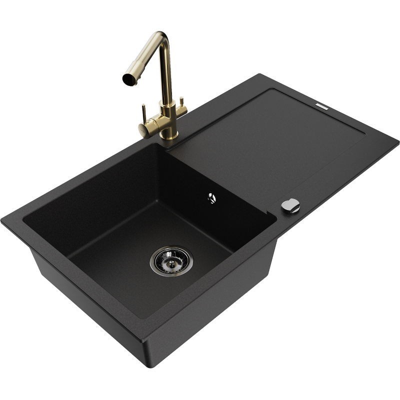 Mexen Leo granitový dřez 1-komorový s odkapávačem a kuchyňskou baterií Duero, černý - 6501-77-671600-50-B