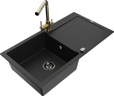 Mexen Leo granitový dřez 1-komorový s odkapávačem a kuchyňskou baterií Duero, černý - 6501-77-671600-50-B