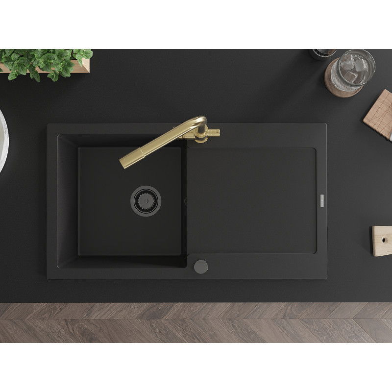 Mexen Leo granitový dřez 1-komorový s odkapávačem a kuchyňskou baterií Duero, černý - 6501-77-671600-50-B