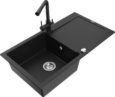 Mexen Leo granitový dřez 1-komorový s odkapávačem a kuchyňskou baterií Duero, černý - 6501-77-671600-70