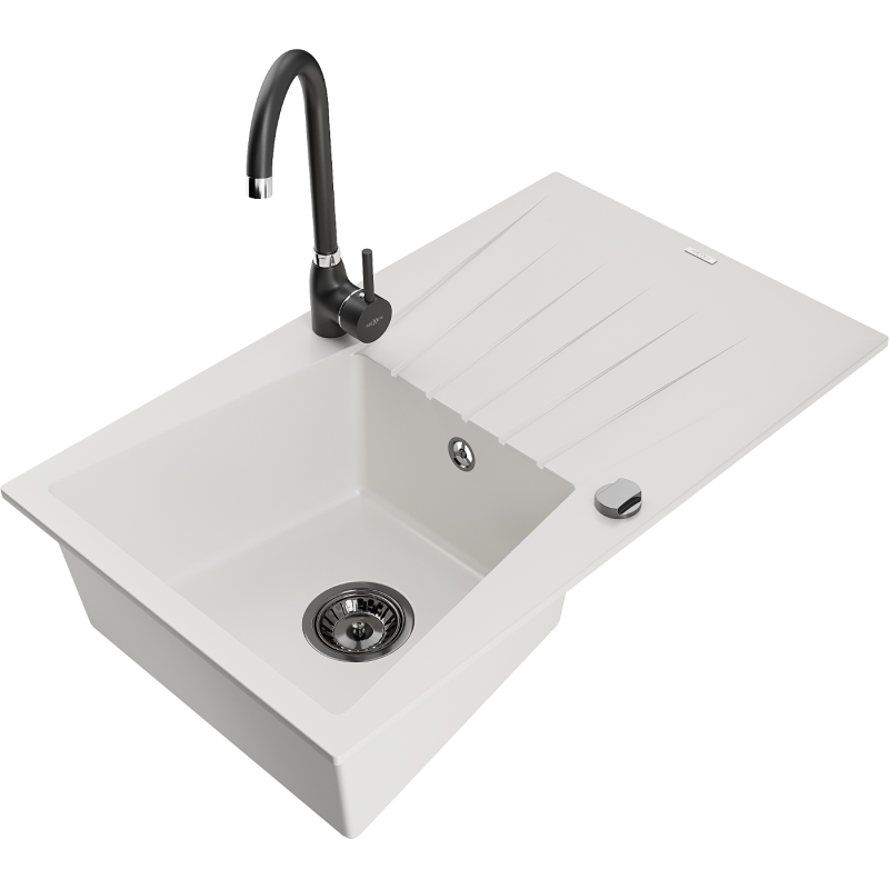 Mexen Cesar granitový dřez 1-komorový s odkapávačem a kuchyňskou baterií Telma, bílý - 6514-20-670200-70