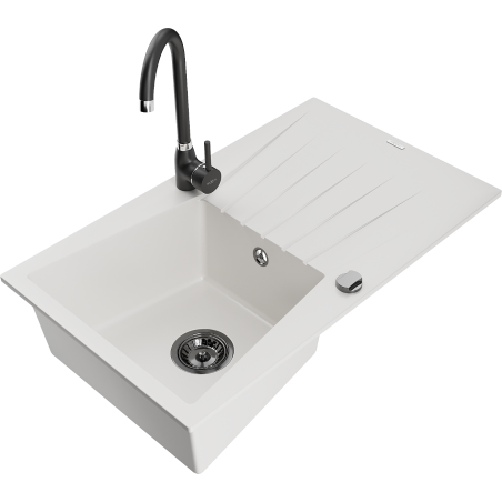 Mexen Cesar granitový dřez 1-komorový s odkapávačem a kuchyňskou baterií Telma, bílý - 6514-20-670200-70