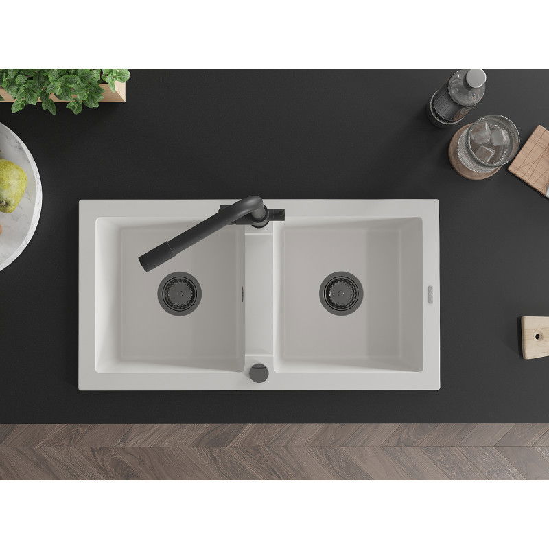 Mexen Mario dvoukomorový granitový dřez s kuchyňskou baterií Duero, bílý - 6504-20-671600-70