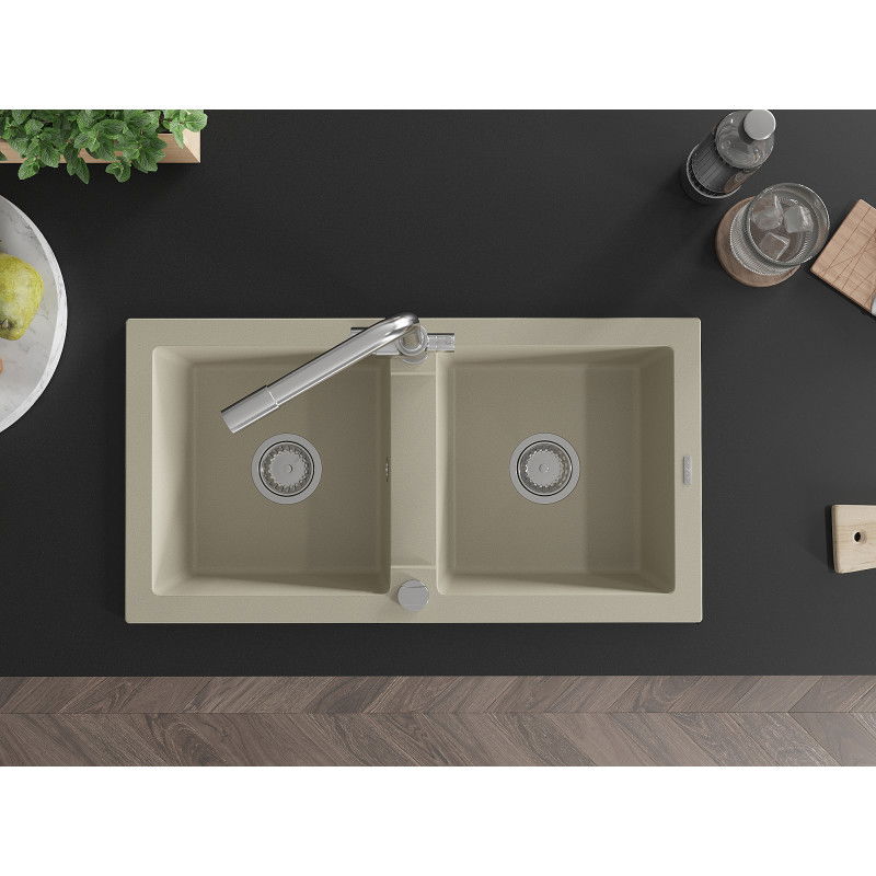 Mexen Mario dřez žulový 2-komorový s kuchyňskou baterií Duero, béžový - 6504-69-671600-00