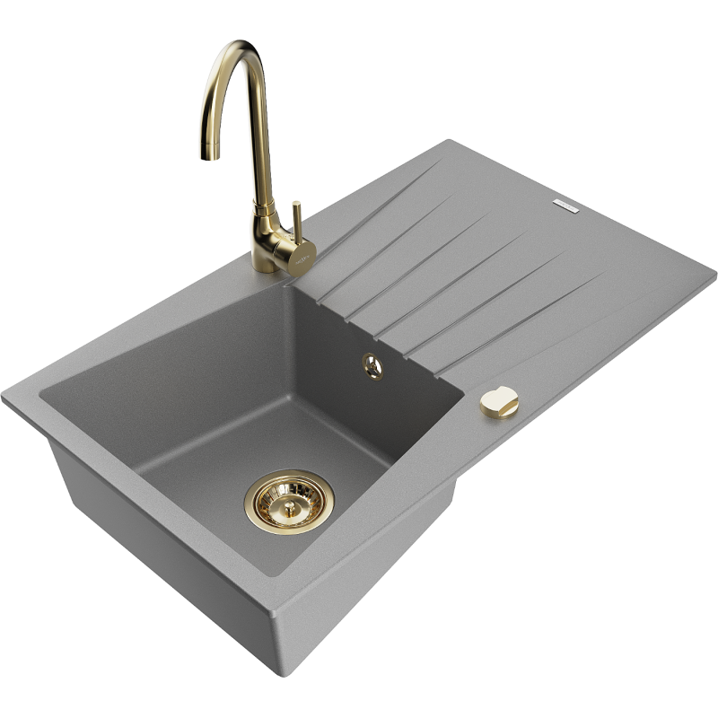 Mexen Cesar žulový dřez 1-komorový s odkapávačem a kuchyňskou baterií Telma, šedý - 6514-71-670200-50