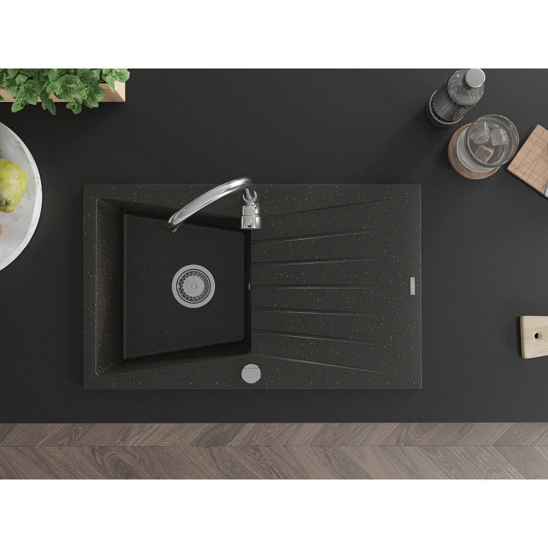 Mexen Cesar jednovanový granitový dřez s odkapávačem a kuchyňskou baterií Telma, černá/zlatá - 6514-75-670200-00