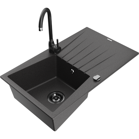 Mexen Cesar granitový dřez s jednou komorou, odkapávačem a kuchyňskou baterií Telma, černý kropenatý