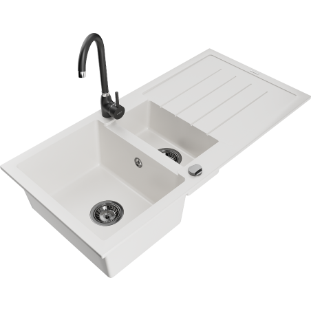 Mexen Andres granitový dřez 1,5-komorový s odkapávačem a kuchyňskou baterií Telma, bílý - 6515-20-670200-70