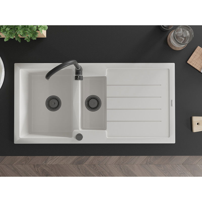 Mexen Andres granitový dřez 1,5-komorový s odkapávačem a kuchyňskou baterií Telma, bílý - 6515-20-670200-70