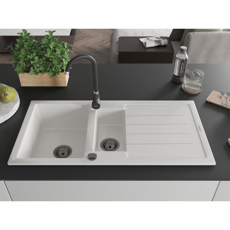 Mexen Andres granitový dřez 1,5-komorový s odkapávačem a kuchyňskou baterií Telma, bílý - 6515-20-670200-70