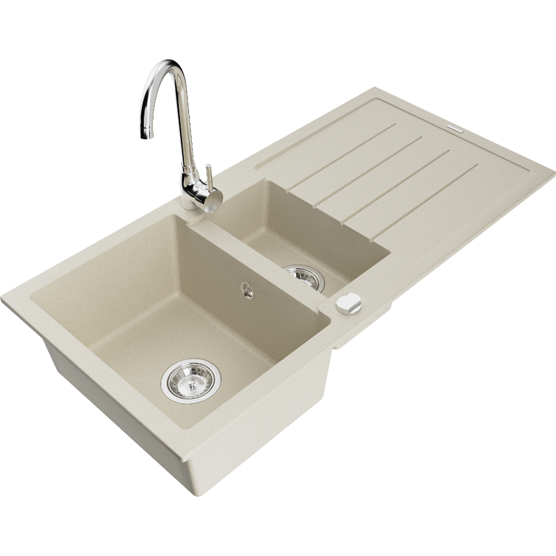 Mexen Andres granitový dřez 1,5-komorový s odkapávačem a kuchyňskou baterií Telma, béžový - 6515-69-670200-00