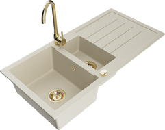 Mexen Andres granitový dřez 1,5-komorový s odkapávačem a kuchyňskou baterií Telma, béžový - 6515-69-670200-50