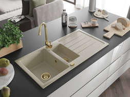 Mexen Andres granitový dřez 1,5-komorový s odkapávačem a kuchyňskou baterií Telma, béžový - 6515-69-670200-50