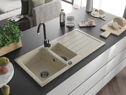 Mexen Andres granitový dřez 1,5-komorový s odkapávačem a kuchyňskou baterií Telma, béžový - 6515-69-670200-70
