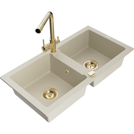 Mexen Mario žulový dřez 2-komorový s kuchyňskou baterií Duero, béžový - 6504-69-671600-50