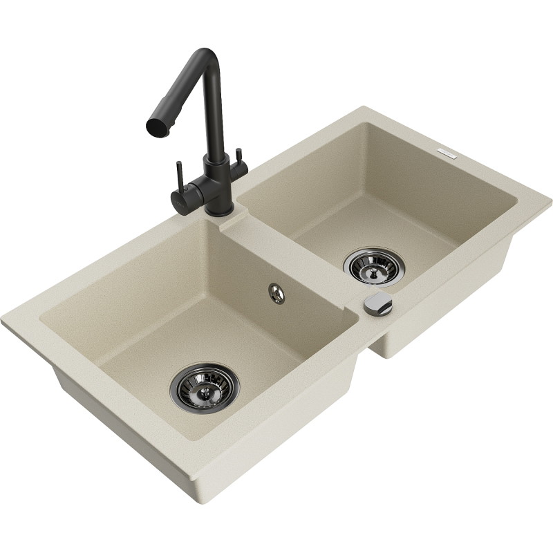 Mexen Mario dvoukomorový žulový dřez s kuchyňskou baterií Duero, béžový - 6504-69-671600-70