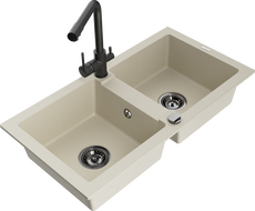 Mexen Mario granitový dřez 2-komorový s kuchyňskou baterií Duero, béžový - 6504-69-671600-70