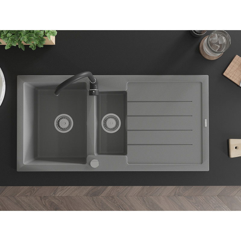 Mexen Andres granitový dřez 1,5-komorový s odkapávačem a kuchyňskou baterií Telma, šedý - 6515-71-670200-70