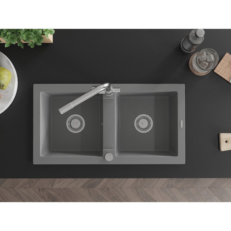 Mexen Mario dvoukomorový granitový dřez s kuchyňskou baterií Duero, šedý - 6504-71-671600-00