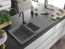 Mexen Andres dřez granitový 1,5-komorový s odkapávačem a kuchyňskou baterií Telma, šedý - 6515-71-670200-70-B
