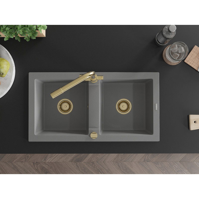 Mexen Mario žulový dřez 2-komorový s kuchyňskou baterií Duero, šedý - 6504-71-671600-50