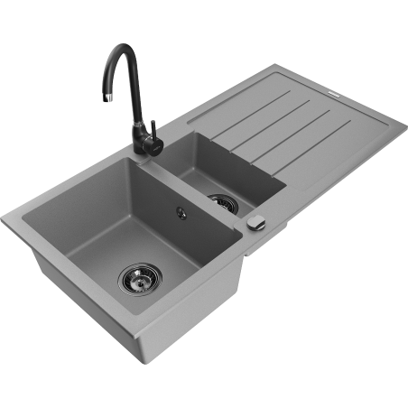 Mexen Andres dřez granitový 1,5-komorový s odkapávačem a kuchyňskou baterií Telma, šedý - 6515-71-670200-70-B