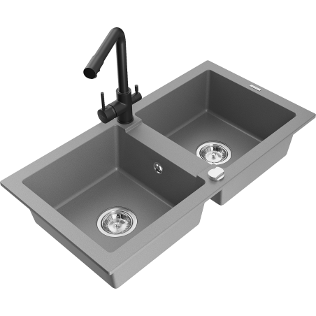 Mexen Mario granitový dřez 2-komorový s kuchyňskou baterií Duero, šedý - 6504-71-671600-70