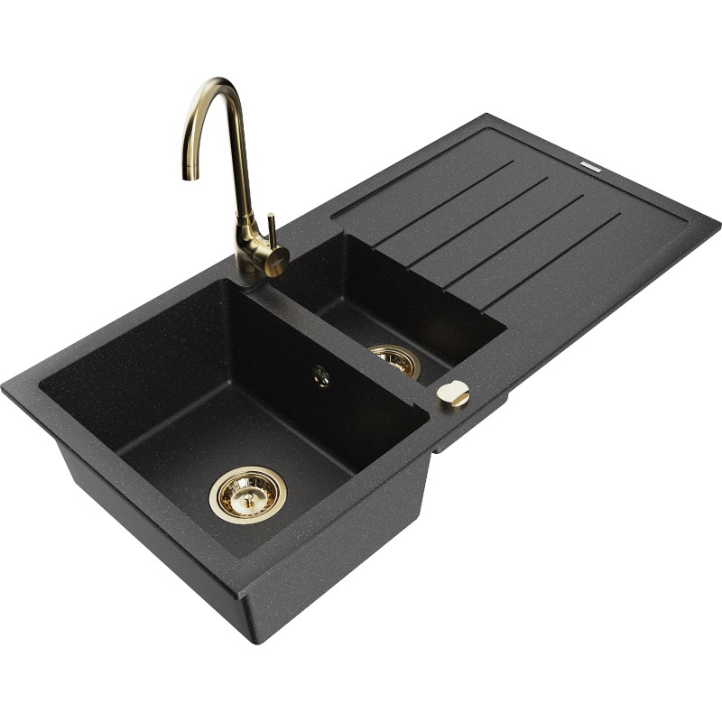 Mexen Andres žulový kuchyňský dřez 1,5-komorový s odkapávačem a kuchyňskou baterií Telma, černý/stříbrný
