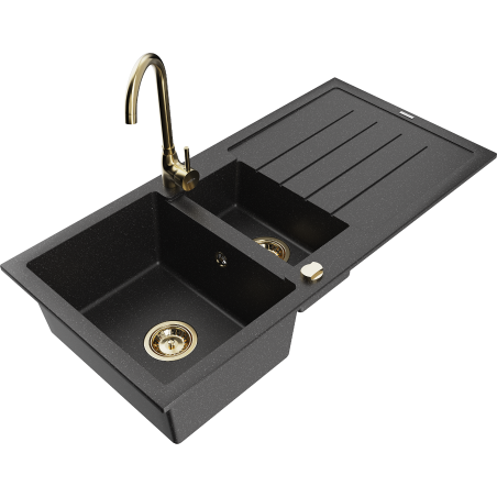 Mexen Andres granitový dřez 1,5-komorový s odkapávačem a kuchyňskou baterií Telma, černý/stříbrný - 6515-73-670200-50