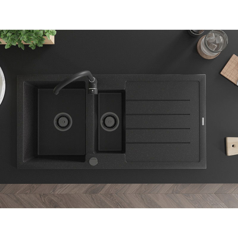 Mexen Andres granitový dřez 1,5-komorový s odkapávačem a kuchyňskou baterií Telma, černý/stříbrný - 6515-73-670200-70-B