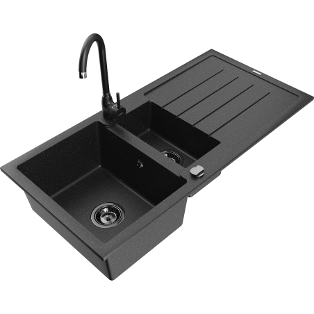 Mexen Andres granitový dřez 1,5-komorový s odkapávačem a kuchyňskou baterií Telma, černý/stříbrný - 6515-73-670200-70-B