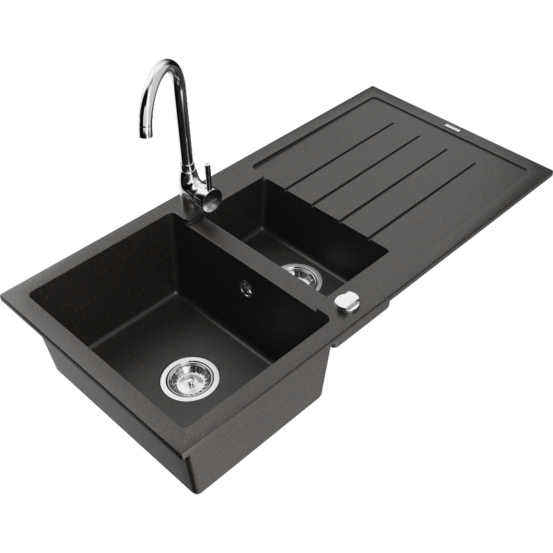 Mexen Andres granitový dřez 1,5-komorový s odkapávačem a kuchyňskou baterií Telma, černý/zlatý - 6515-75-670200-00