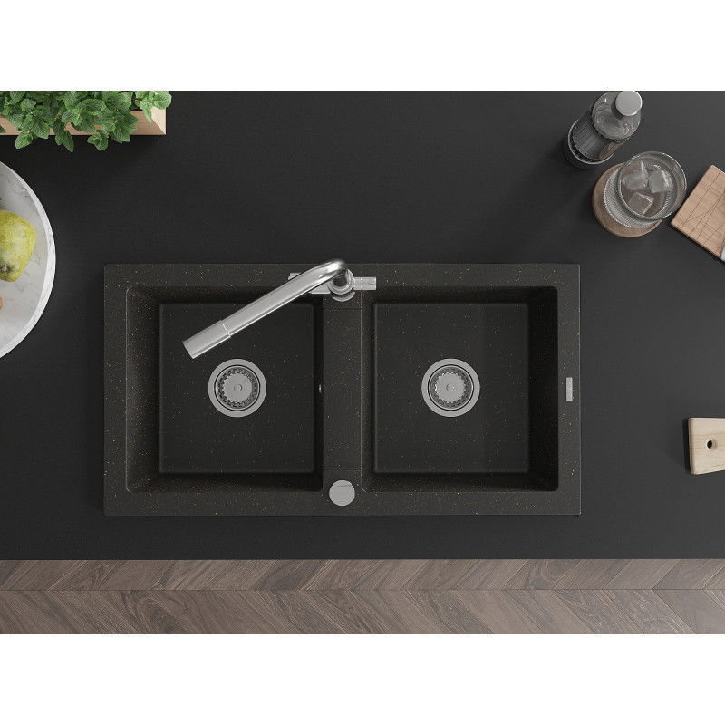 Mexen Mario žulový dřez 2-komorový s kuchyňskou baterií Duero, černý/zlatý metalík - 6504-75-671600-00